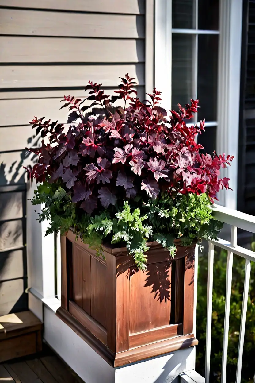 Cedar Planter Box with Heuchera Contemporary fall outdoor planter ideas using a cedar box and dark heuchera