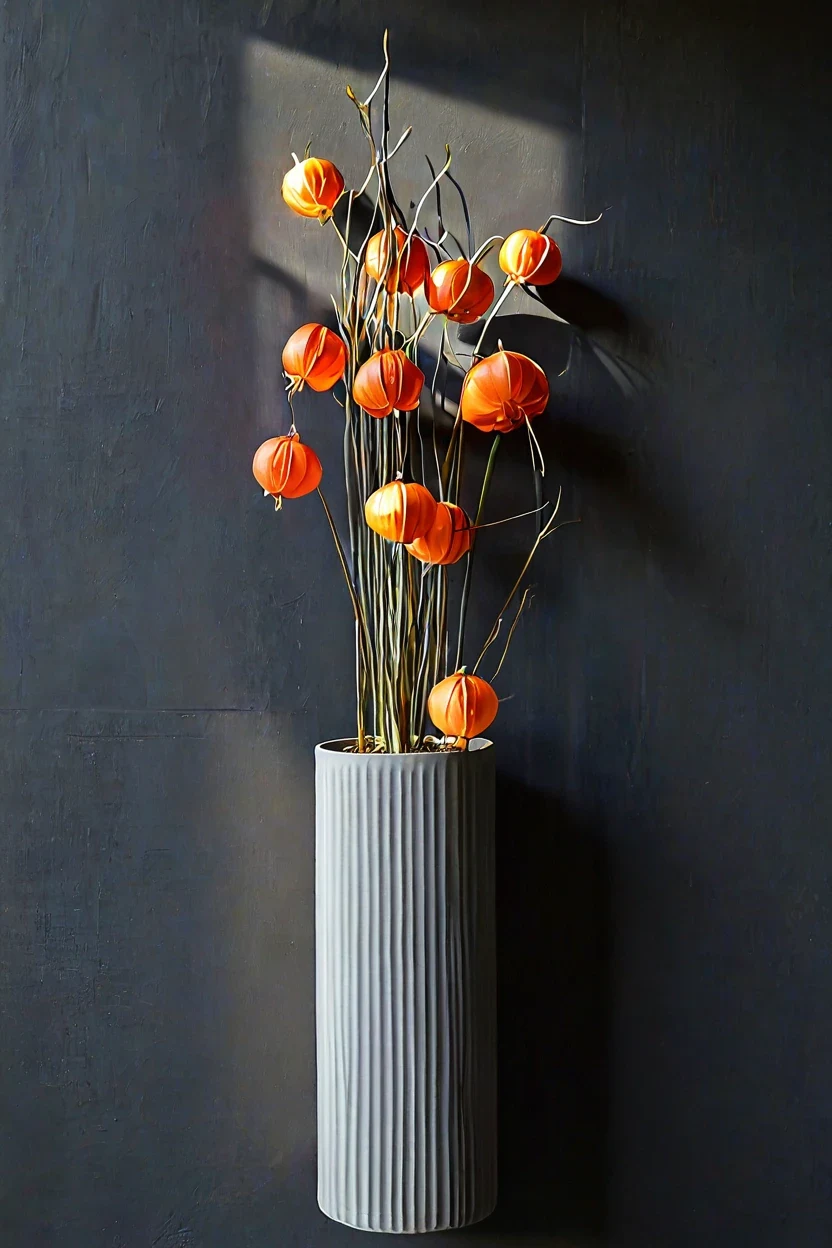Ceramic Planter with Chinese Lanterns Stylish fall outdoor planter ideas with a ceramic pot and Chinese lantern branches