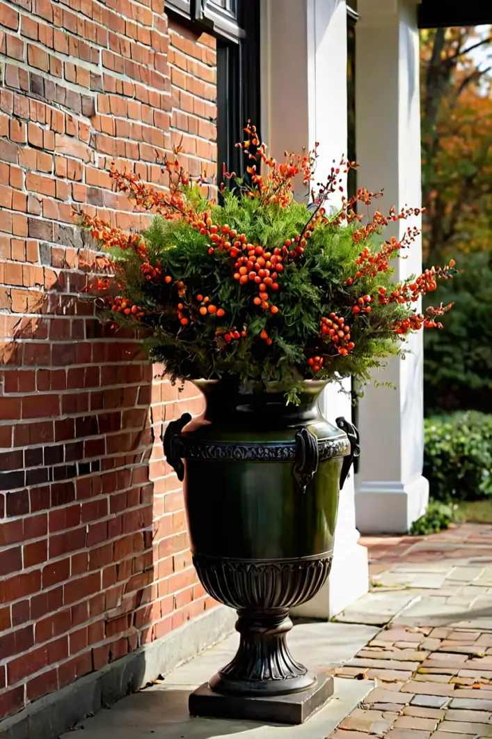 Ceramic Urn with Firethorn Berries Creative fall outdoor planter ideas with a ceramic urn and firethorn berries
