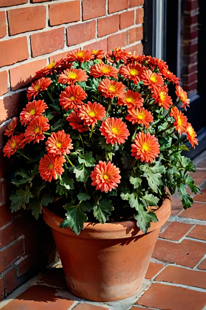 Classic Rust Mums in Terracotta A weathered terracotta pot with rust chrysanthemums showcasing classic fall outdoor planter ideas.