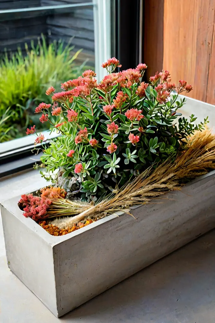 Concrete Trough with Sedum and Wheat Minimalist concrete trough with sedum and wheat for modern fall outdoor planter ideas.