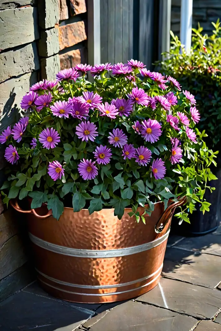 Copper Tub with Deep Purple Asters Polished copper tub filled with purple asters as stylish fall outdoor planter ideas.