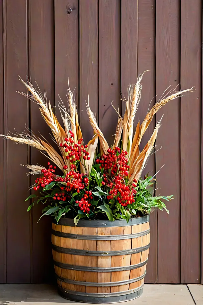 Corn Stalks and Red Hypericum Berries Wooden half-barrel with corn stalks and berries for traditional fall outdoor planter ideas.