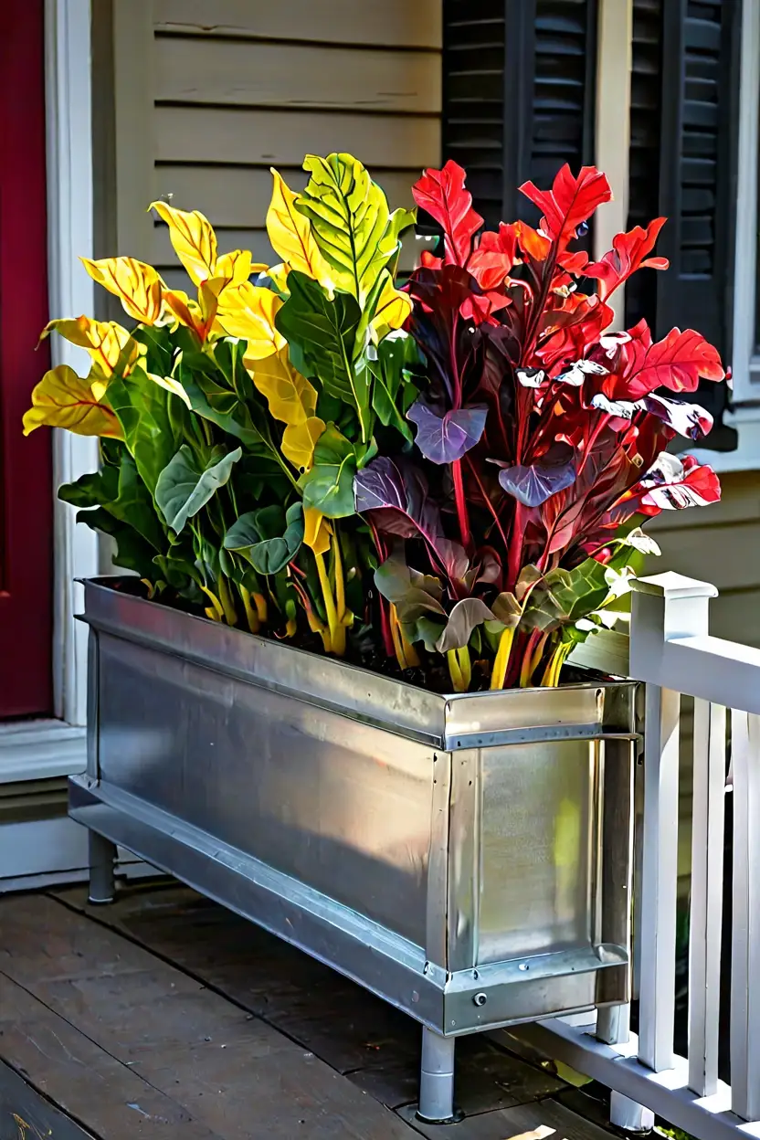 Galvanized Trough with Swiss Chard Galvanized metal trough with rainbow Swiss chard for edible fall outdoor planter ideas.