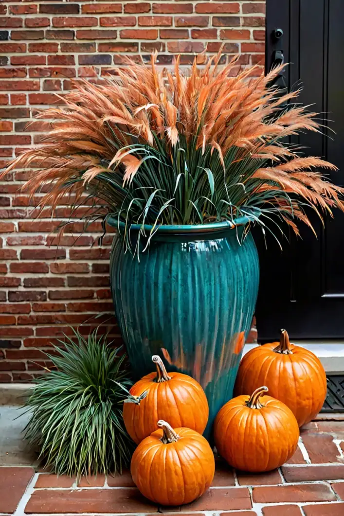 Glazed Ceramic Pot with Ornamental Grasses Tall teal glazed ceramic pot with fountain grass for creative fall outdoor planter ideas