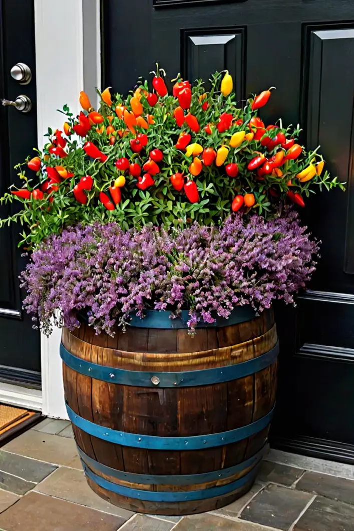 Half Barrel with Ornamental Pepper Fall outdoor planter ideas showcasing a wooden half barrel with ornamental peppers