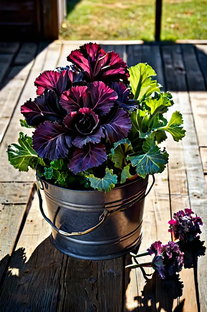 Heirloom Squash and Ornamental Kale Dark zinc bucket featuring purple kale and heirloom squash as unique fall outdoor planter ideas.