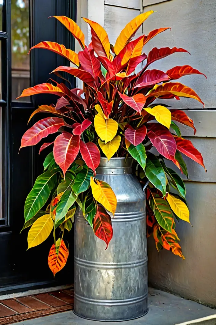 Metal Milk Can with Croton Fall outdoor planter ideas using an antique metal milk can and colorful croton