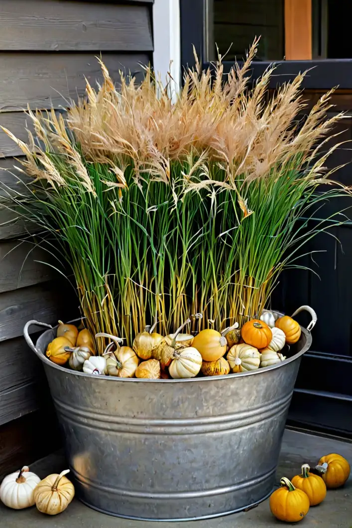 Metal Tub with Japanese Forest Grass Easy fall outdoor planter ideas featuring a metal tub and Japanese forest grass