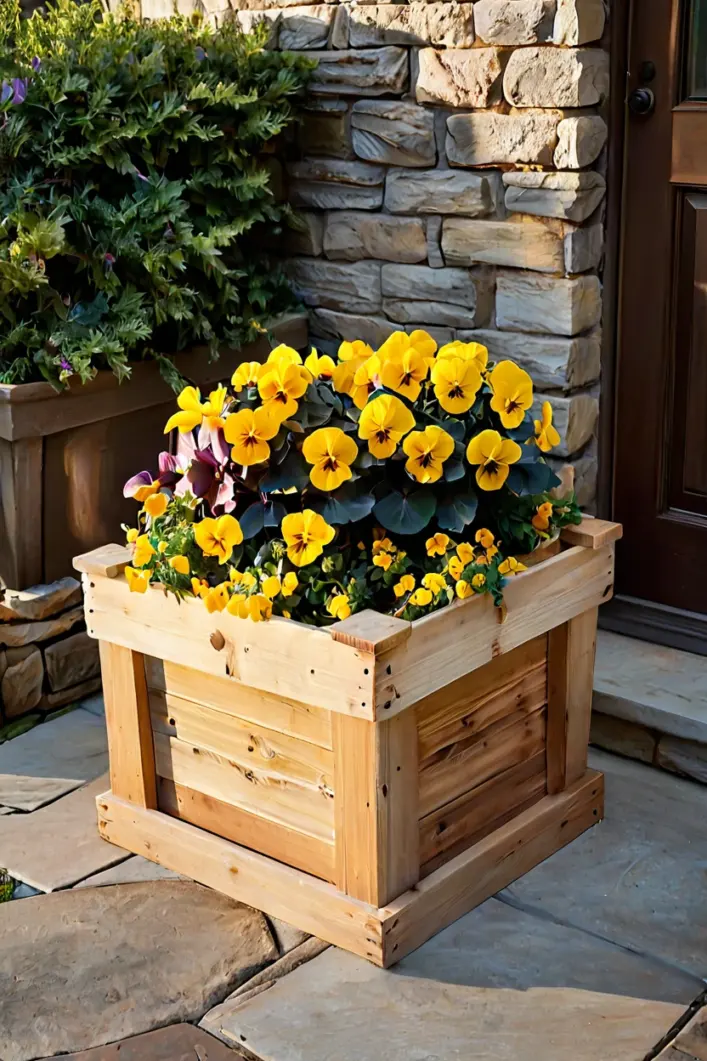 Mini Haybales and Yellow Pansies Cedar planter box with yellow pansies representing charming rustic fall outdoor planter ideas.