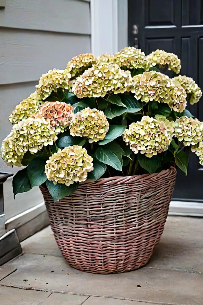 Rattan Basket with Dried Hydrangeas Woven rattan basket with dried antique hydrangeas showcasing unique fall outdoor planter ideas