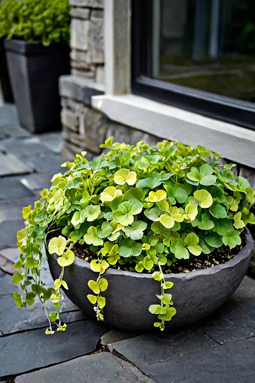 Stone Bowl with Creeping Jenny Unique fall outdoor planter ideas with a shallow stone bowl and creeping Jenny