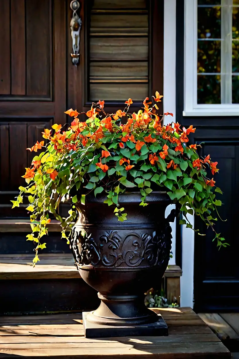 Weathered Urn with Bittersweet Vine Weathered cast iron urn filled with autumn bittersweet vines for fall outdoor planter ideas