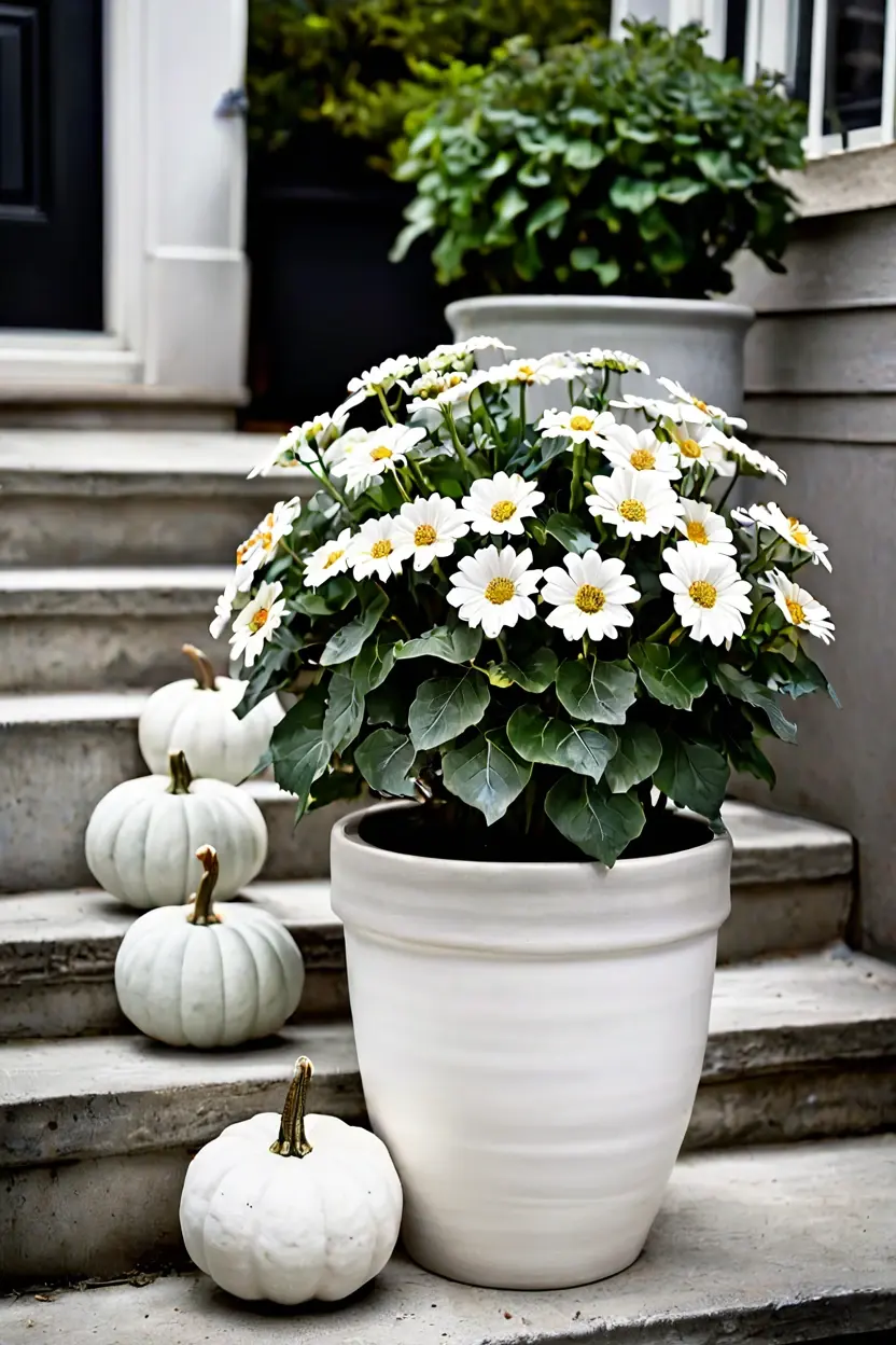 White Pumpkins and Silver Cineraria White ceramic pot with silver foliage and white pumpkins for modern fall outdoor planter ideas.