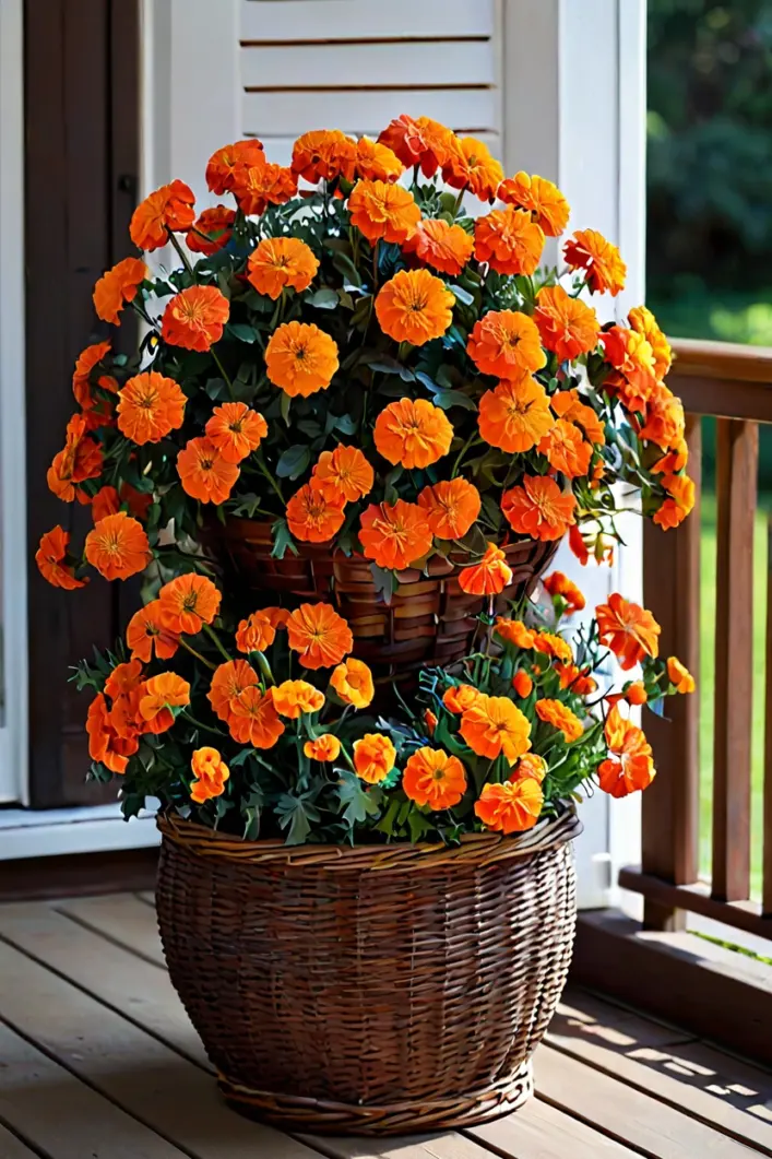Wicker Basket with Orange Lanterns Woven wicker basket with marigolds and lanterns for textured fall outdoor planter ideas.