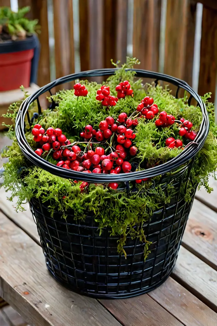 Wire Basket with Wintergreen Berries Modern fall outdoor planter ideas using a wire basket and wintergreen berries