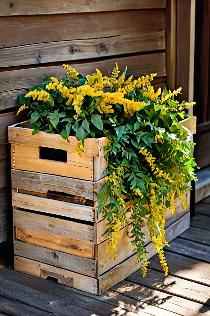 Wooden Crate with Goldenrod Fall outdoor planter ideas featuring a rustic wooden crate filled with goldenrod on a porch