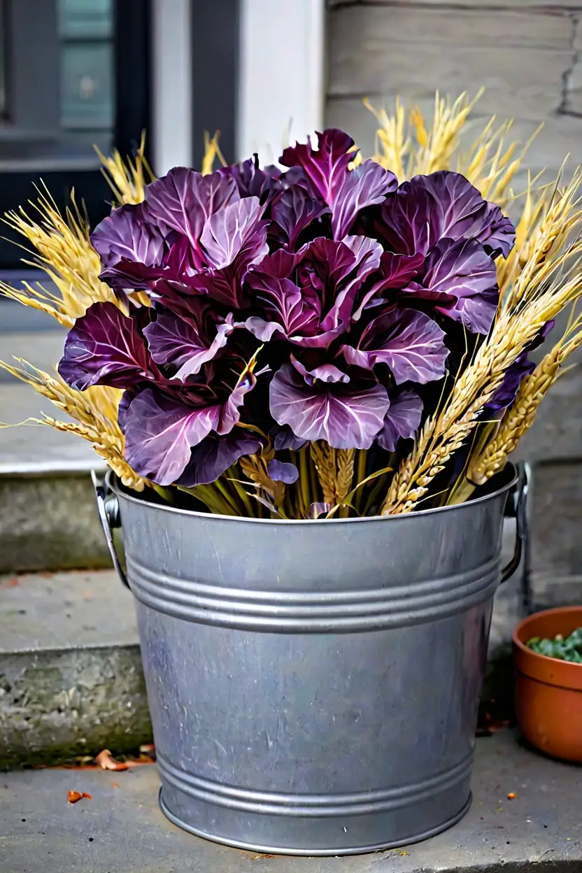 Zinc Bucket with Purple Cabbage Best fall outdoor planter ideas using a zinc bucket and purple cabbage
