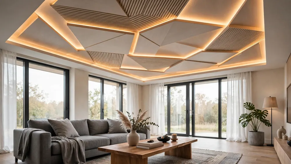 Modern living room with a designer false ceiling featuring warm recessed cove lighting – home decor idea