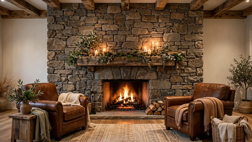 Rustic stone fireplace wall with wooden mantel and glowing fire – home decor idea