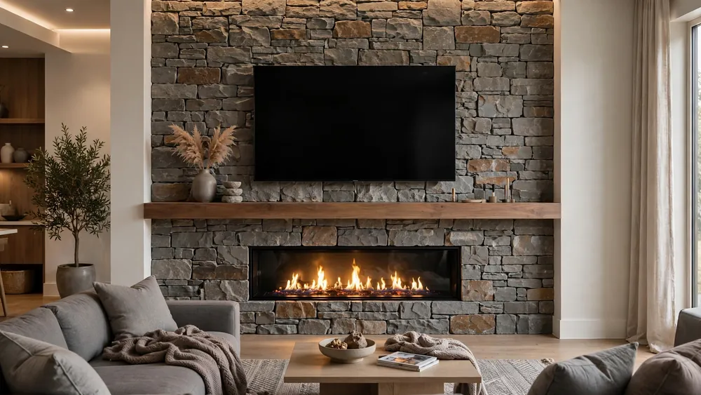 Modern fireplace wall with TV mounted above a linear gas fireplace – home decor idea