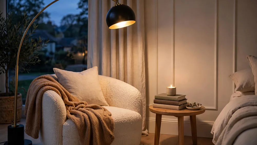 Cozy bedroom corner with arc floor lamp glowing over a boucle reading chair – home decor idea
