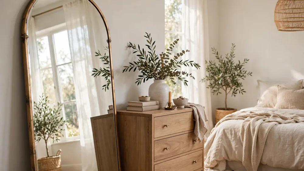 Serene bedroom with large arched brass floor mirror reflecting window light – home decor idea