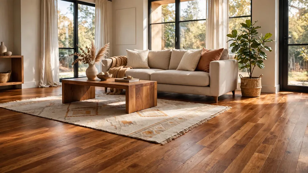 Elegant living room with warm hardwood flooring, area rug and modern sofa – home decor idea
