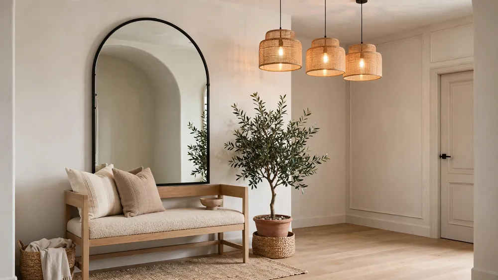Stylish welcoming foyer with upholstered bench, arched mirror and olive tree – home decor idea