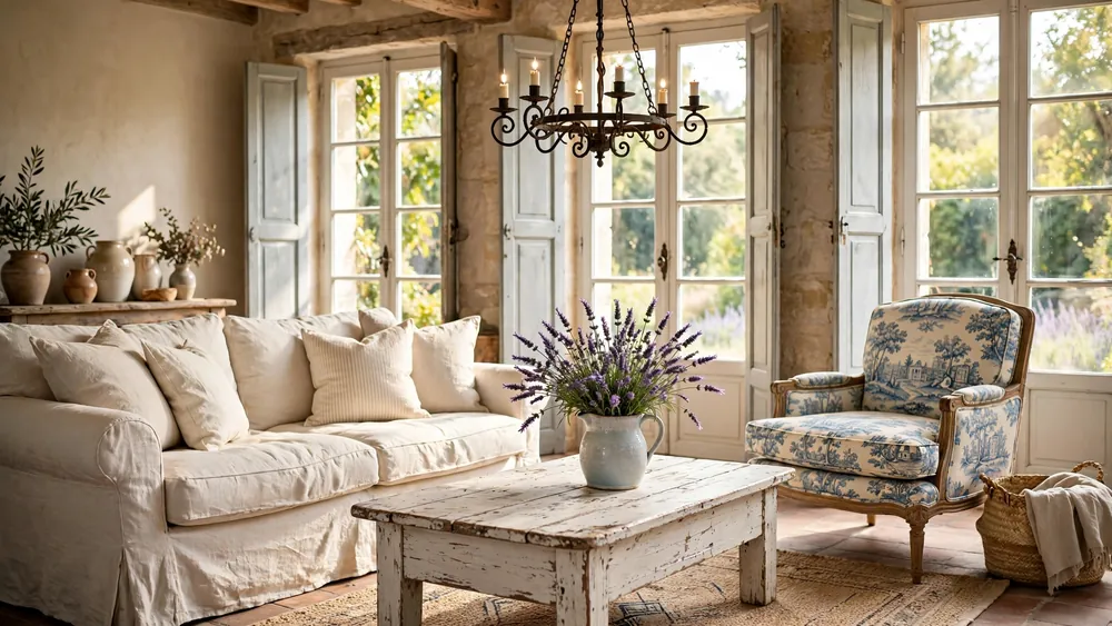Charming French country living room with linen sofa, toile armchair and lavender accents – home decor idea