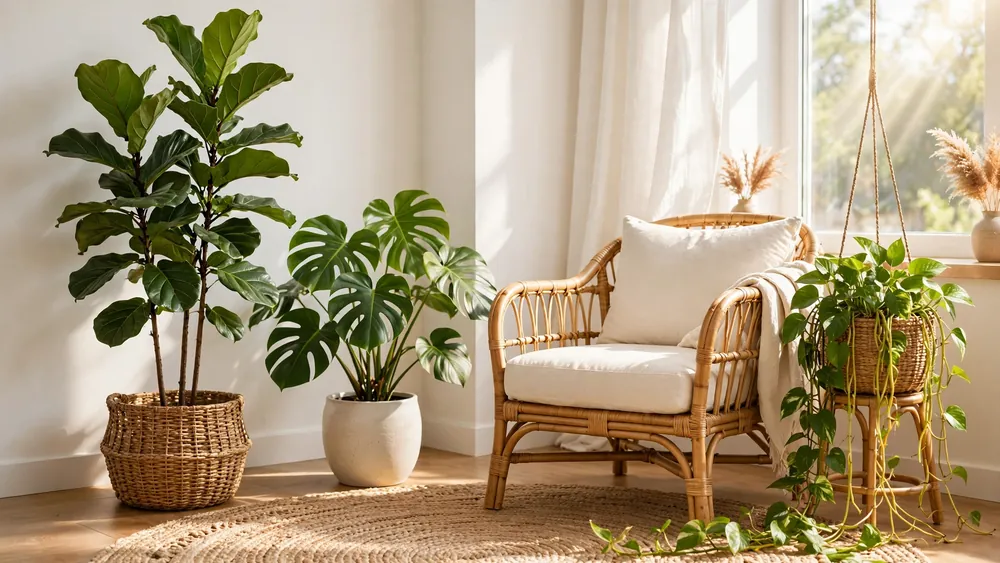 Sunlit living room corner with fiddle leaf fig, monstera and trailing pothos plants beside a rattan armchair – home decor idea