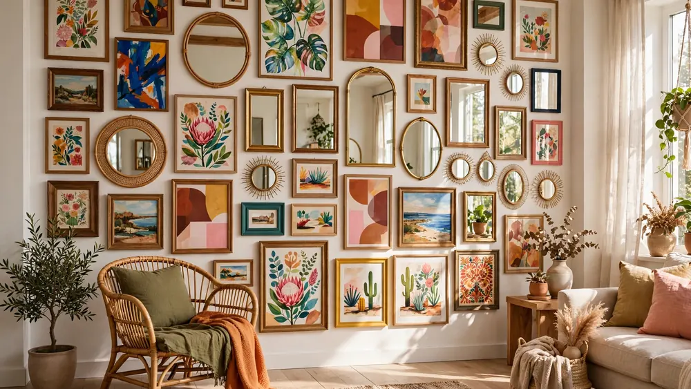 Eclectic gallery wall with colorful art and mirrors in a bright living space – home decor idea