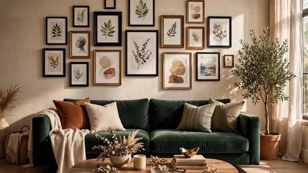 Modern living room with salon-style gallery wall above a velvet sofa – home decor idea