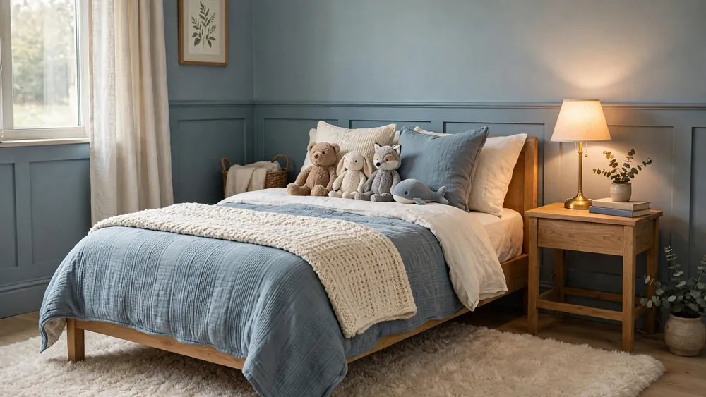 Gentle boys bedroom with dusty blue bedding, soft blue-gray walls and plush toys on the bed – home decor idea