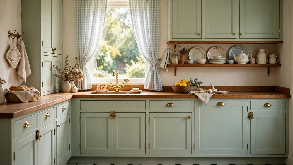Cozy vintage kitchen with pastel mint cabinets, wooden countertops, brass hardware and gingham curtains – home decor idea