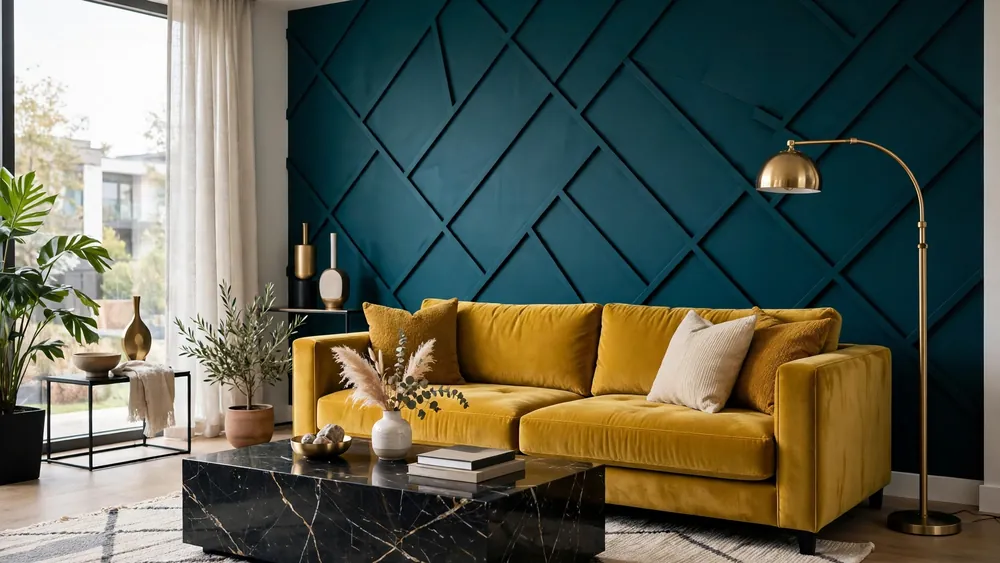 Bold modern living room with deep teal geometric accent wall, mustard velvet sofa and black marble coffee table – home decor idea