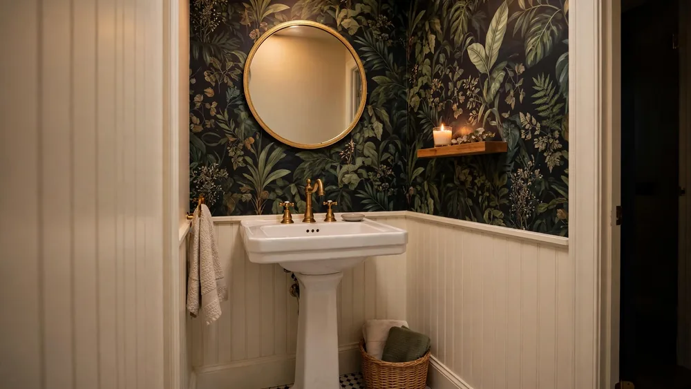 Stylish half bathroom with pedestal sink, gold-framed round mirror and botanical wallpaper – home decor idea