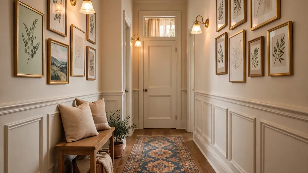 Beautifully decorated hallway with wainscoting, art gallery and runner rug – home decor idea