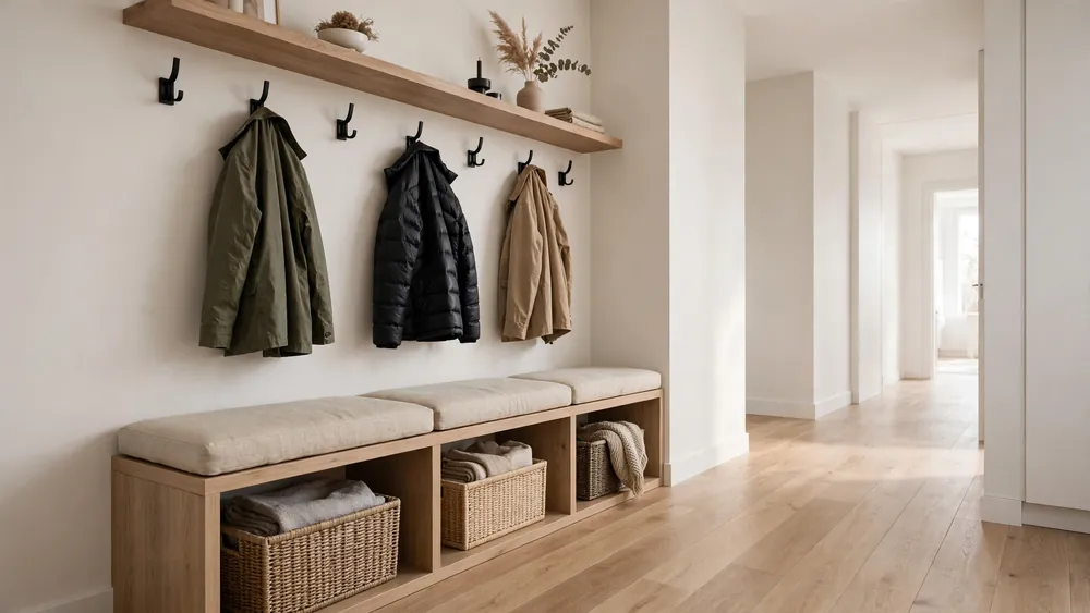 Modern hallway with bench storage cubbies and wall-mounted coat hooks – home decor idea