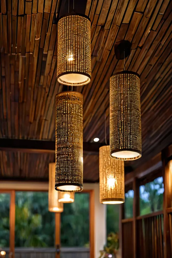 Bamboo Tube Lanterns Natural bamboo tube lanterns used for eco-friendly hanging lights for patio ideas.
