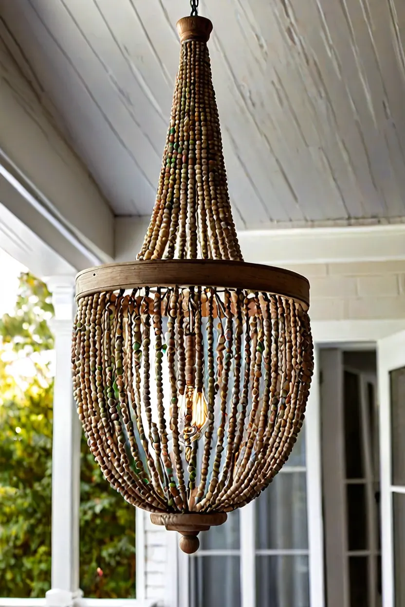 Beaded Wood Chandelier Fixtures Natural wood bead chandelier adding texture to hanging lights for patio ideas