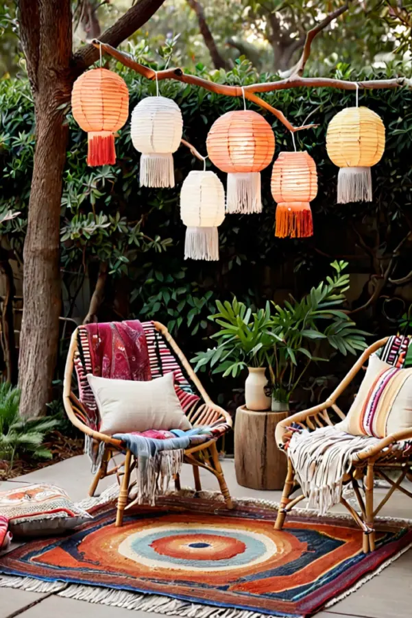 Boho Fringe Lanterns Fabric fringe lanterns hanging outdoors for bohemian hanging lights for patio ideas.