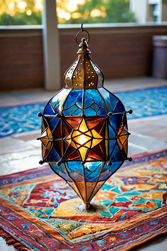 Colored Moroccan Glass Stars Moroccan stained glass star lantern featured in colorful hanging lights for patio ideas.