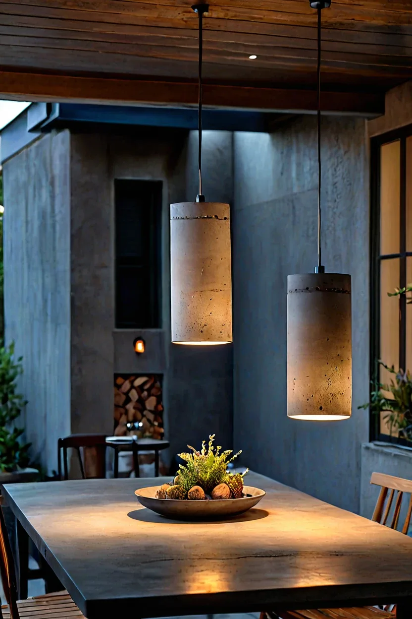 Concrete Cylinder Drop Lights Gray concrete cylinder pendant lights showcasing modern hanging lights for patio ideas