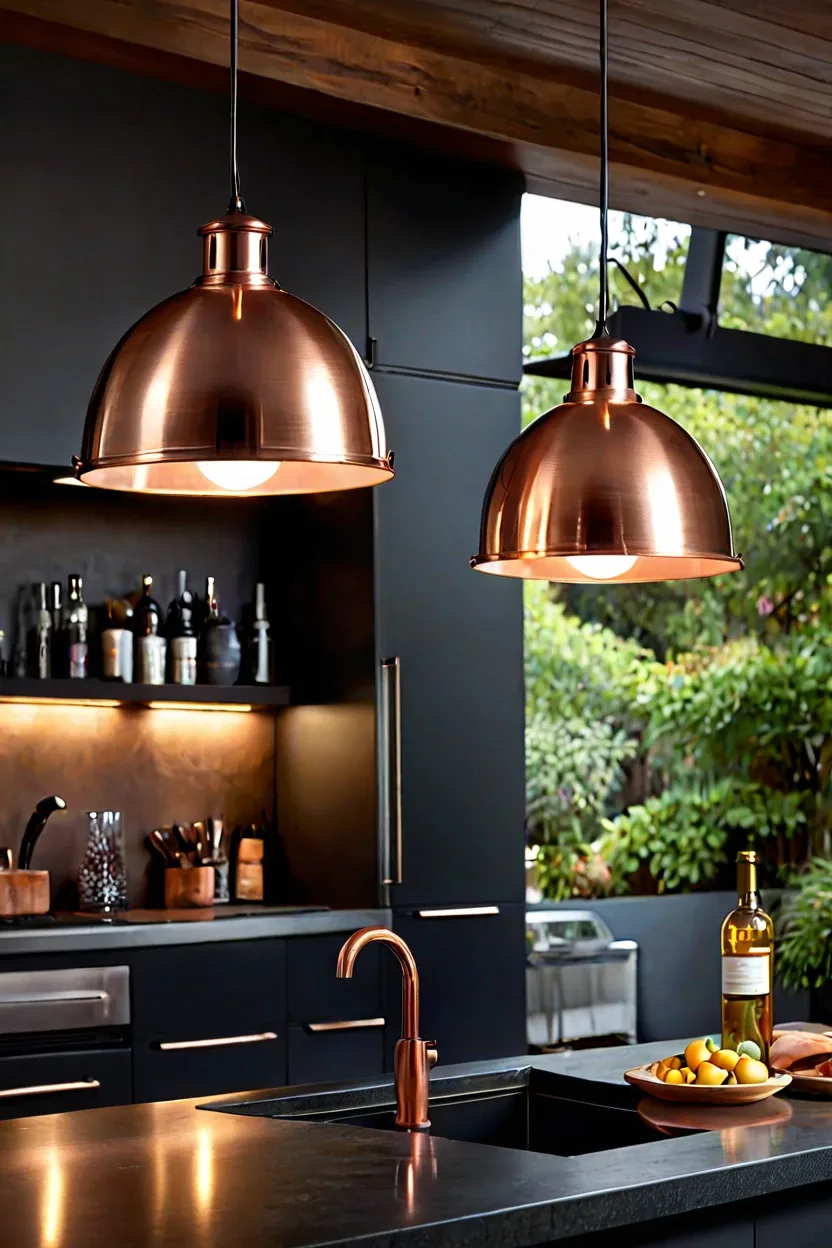 Copper Dome Task Pendants Polished copper dome pendant lights brightening a cooking space in hanging lights for patio ideas
