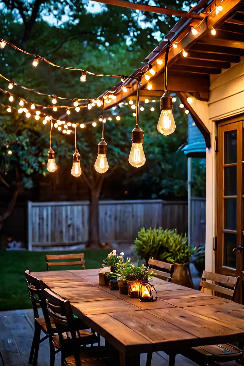 Edison Bulb String Lights Vintage Edison bulb string lights hanging over a rustic wooden patio table as part of hanging lights for patio ideas.