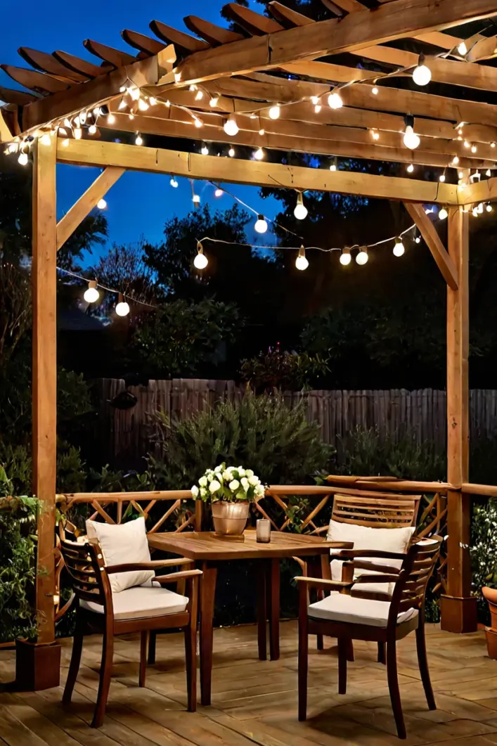 Frosted Globe String Lights Frosted white globe string lights lighting up a pergola for hanging lights for patio ideas