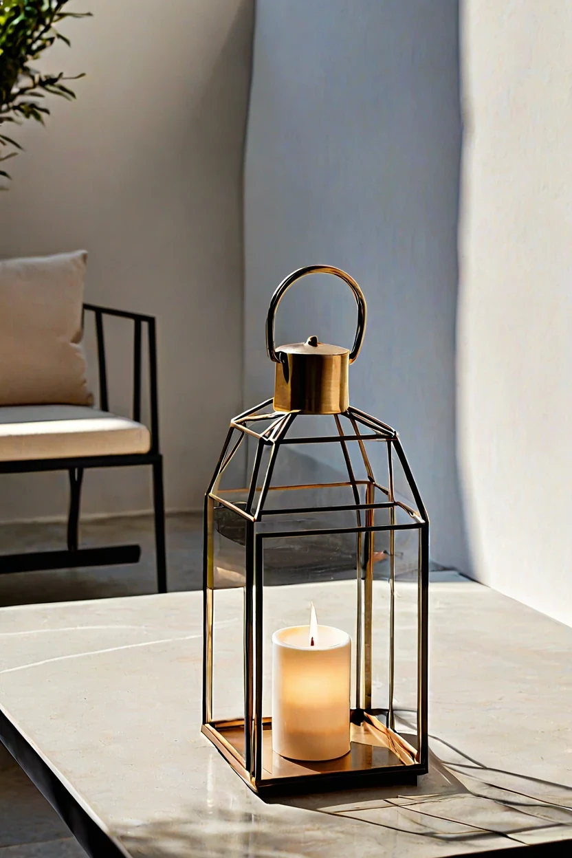 Geometric Brass Frames Geometric brass wire-frame lantern highlighting modern hanging lights for patio ideas.