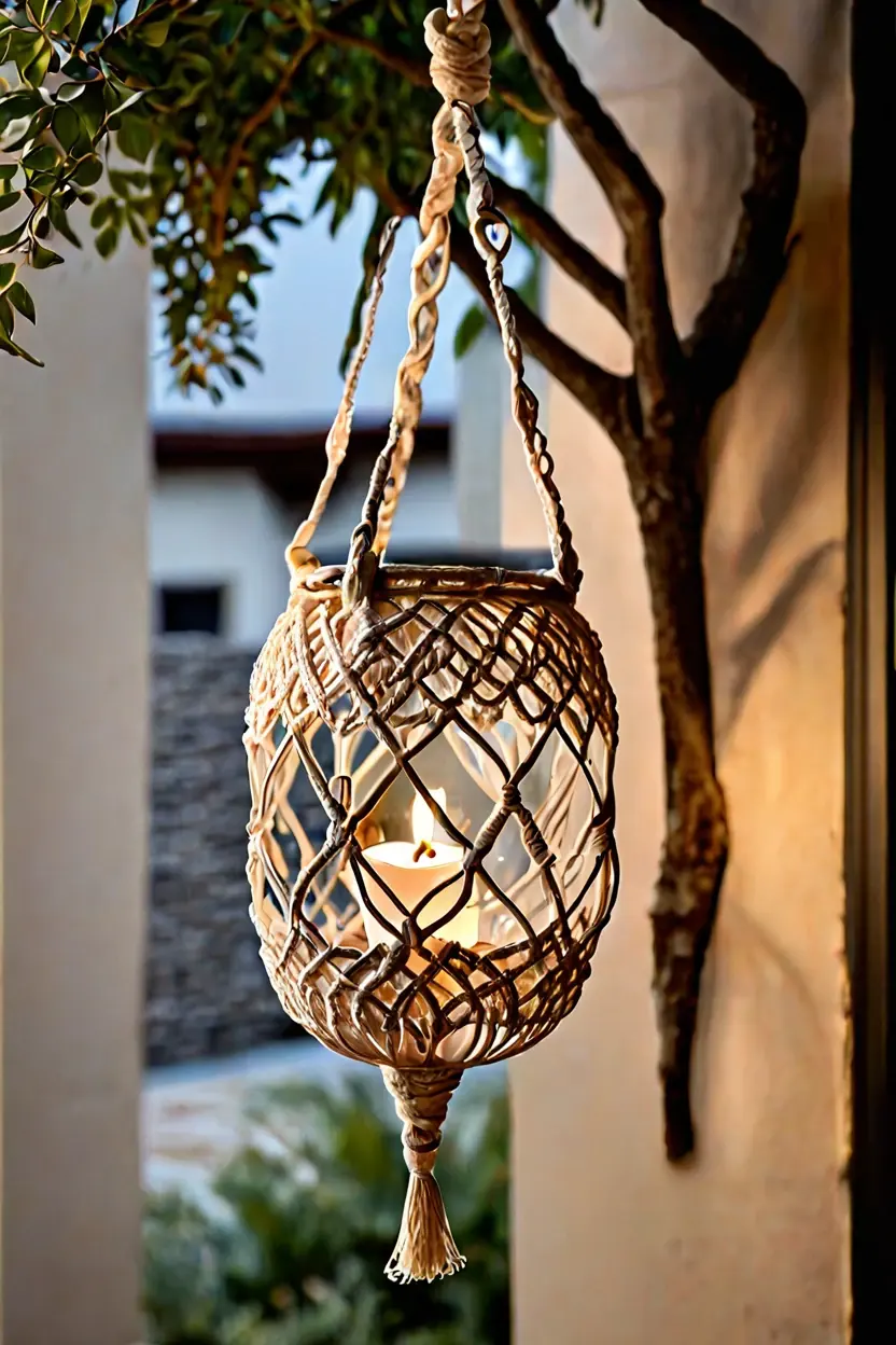 Macrame Feathered Lanterns Cream macrame lantern hanging outdoors as part of hanging lights for patio ideas