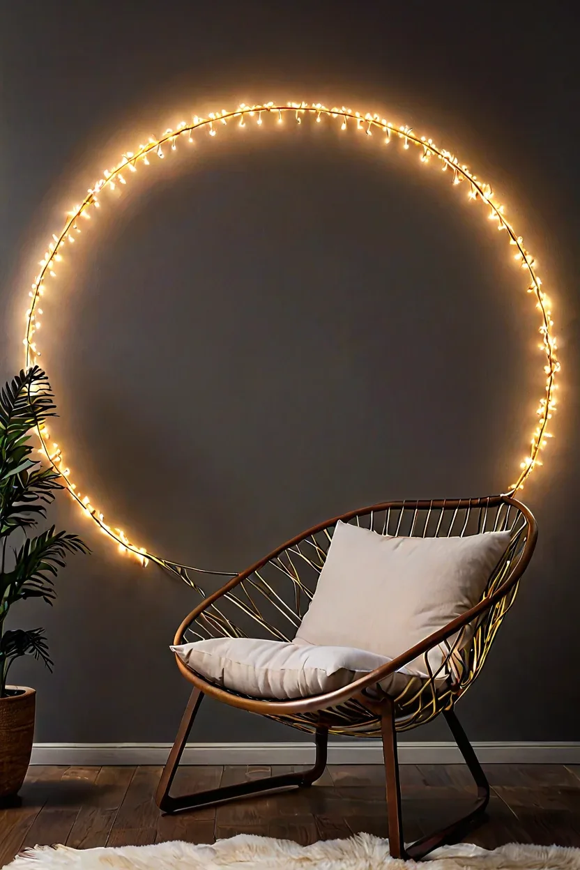 Minimalist Hoop Ring Lights Minimalist gold hoop wrapped in fairy lights for creative hanging lights for patio ideas.